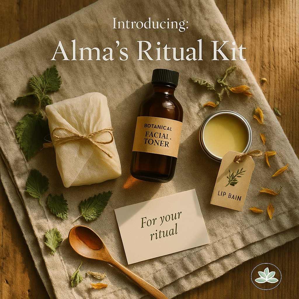 What’s Coming — The Ritual Kit

🌿 Introducing the Almas Ritual Kit — a curated trio of our foundational products:
🧼 A nettle-infused soap bar for gentle cleansing
💧 A botanical facial toner to refresh and rebalance
💋 A nourishing lip balm made with organic shea and beeswax