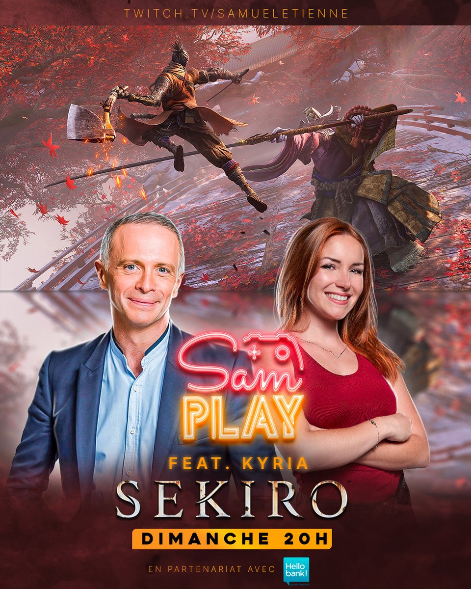 En ces temps troublés, changeons-nous les idées !
Ce dimanche soir à 20H, dernier SAM PLAY de la saison 2, <a href="/Kyria_TV/">Kyria</a> me fait découvrir le très exigeant SEKIRO, on va essayer de dépasser le tuto ! :)
<a href="/Hellobank_fr/">Hello bank! France</a> #publicité