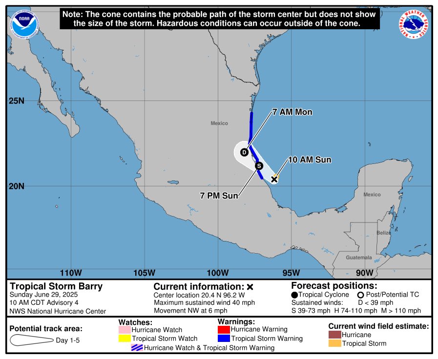 MeteoroTamps's tweet photo. ⚠️🌀HABEMUS TORMENTA

La depresión tropical Dos se intensificó a tormenta tropical #Barry con vientos sostenidos de 65 km/h y ráfagas de viento estimadas de 85 km/h.

Probable ingreso a tierra en algún punto de la zona Norte de Veracruz.

🔴🌧️Importante flujo de humedad tropical propiciada para lluvias fuertes a intensas con ráfagas de viento >50 km/h en le territorio tamaulipeco.

🌊Elevado el riesgo por inundaciones y desbordamientos de ríos.

¡Muy pendientes de las actualizaciones! :D