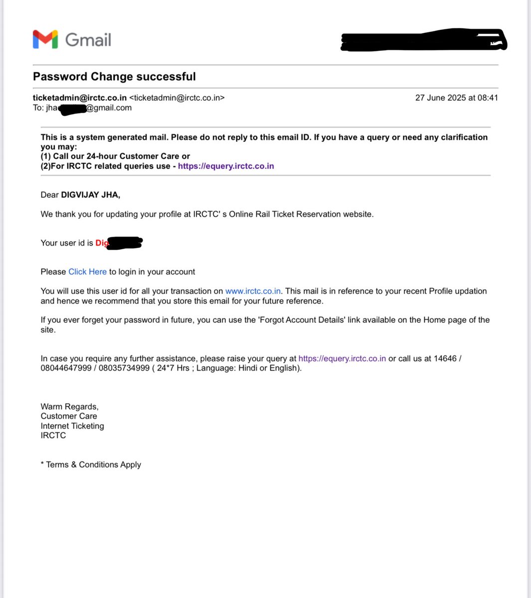 Digvijay126's tweet photo. #IRCTC My IRCTC account has been hacked. The hacker has changed both my registered email ID and mobile number, request immediate action to secure my account and restore my original credentials. Kindly investigate urgently and guide to recover my account.
@AshwiniVaishnaw Sir https://t.co/JfBq4e02AY