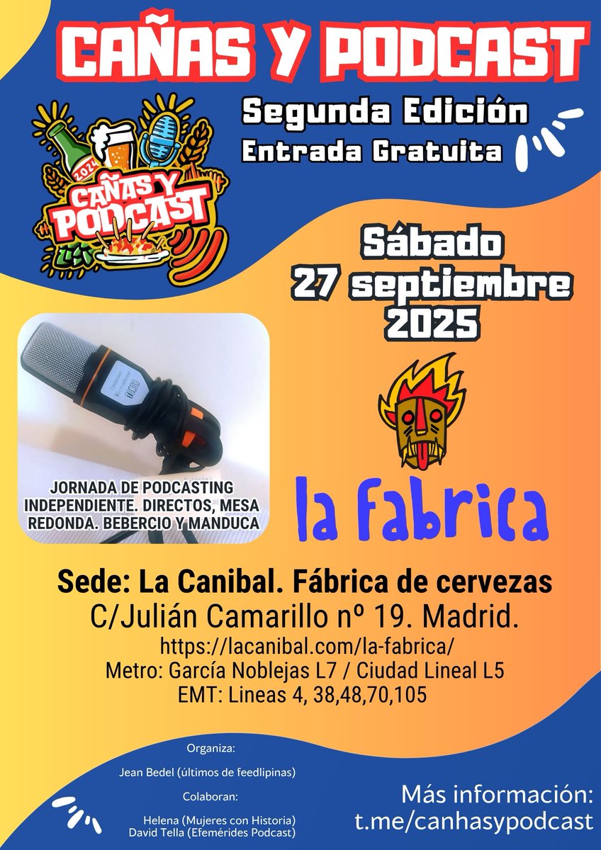 Jean Bedel (@jeanbedel) on Twitter photo Arranca la 2ª edición del Cañas y Podcast! evento gratuito de podcasting independiente que organiza <a href="/ultimosfeed/">Los últimos de FEEDlipinas</a> y en el que colaboran Helena <a href="/Mujeresconhist2/">Mujeres con historia</a> y David <a href="/telladavid/">David Tella</a> próximo 27/09/25 en La Fabrica de La Canibal en Madrid. Apuntaros! Mas info: t.me/canhasypodcast Arranca la 2ª edición del Cañas y Podcast! evento gratuito de podcasting independiente que organiza <a href="/ultimosfeed/">Los últimos de FEEDlipinas</a> y en el que colaboran Helena <a href="/Mujeresconhist2/">Mujeres con historia</a> y David <a href="/telladavid/">David Tella</a> próximo 27/09/25 en La Fabrica de La Canibal en Madrid. Apuntaros! Mas info: t.me/canhasypodcast