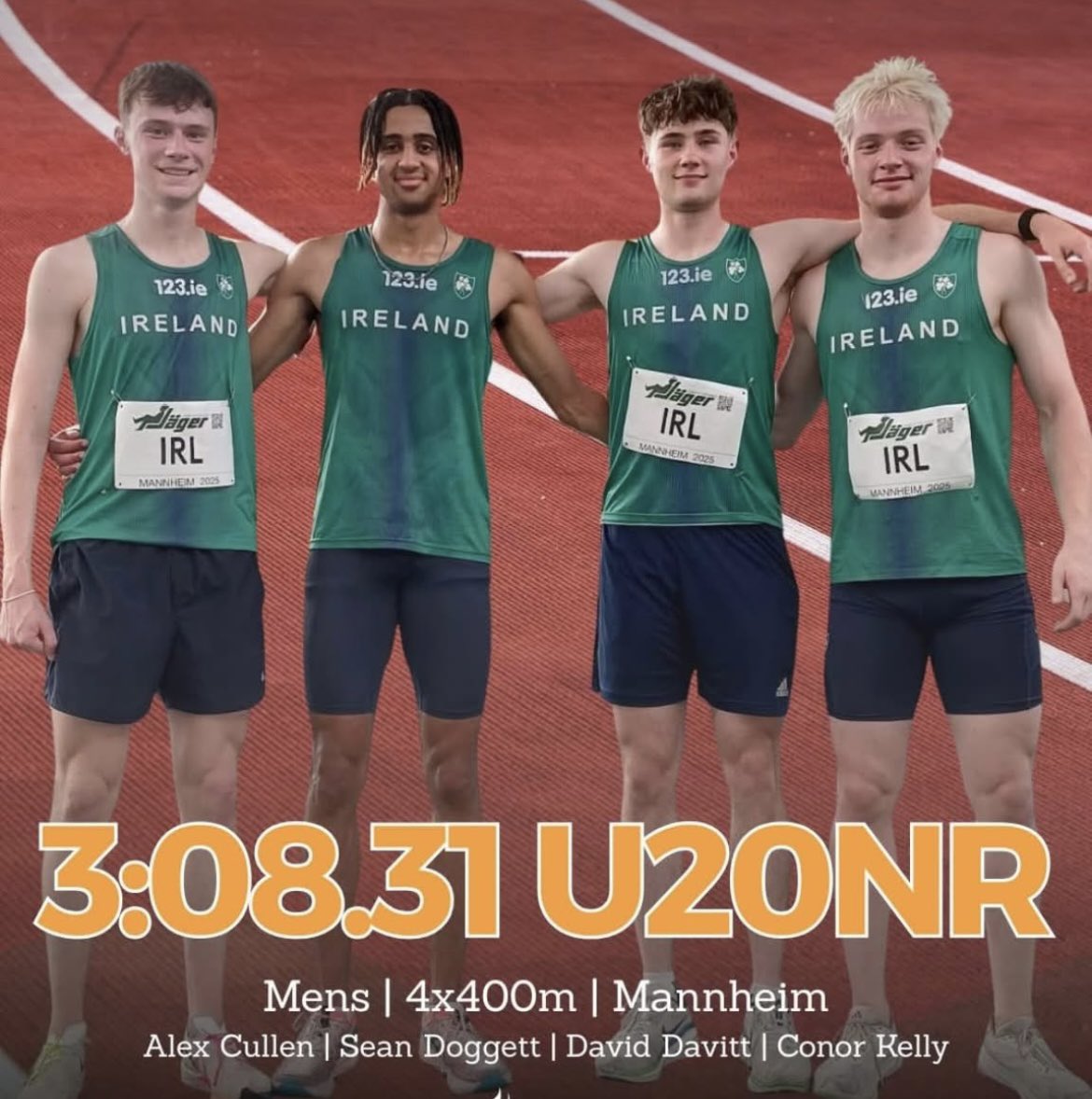 Davey Davitt &amp; Irish 4x40 team Won the race and broke the Irish U20 record for the 4x400 in Mannheim earlier this morning.  Well done gentlemen 🇮🇪☘️🏃