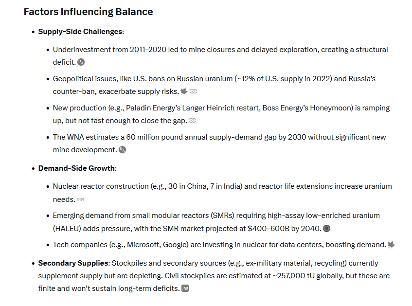 quakes99's tweet photo. 🤔Dear Grok,📝 When do you see #Uranium supply and demand coming back into balance in order to bring today's Uranium bull market to an end?⏳⚖️
🤖"A conservative estimate suggests the bull market may persist until ~2035" but "the bull market could extend beyond 2040."😊📈🤠🐂🌊🏄 https://t.co/w2fRT9CEEF