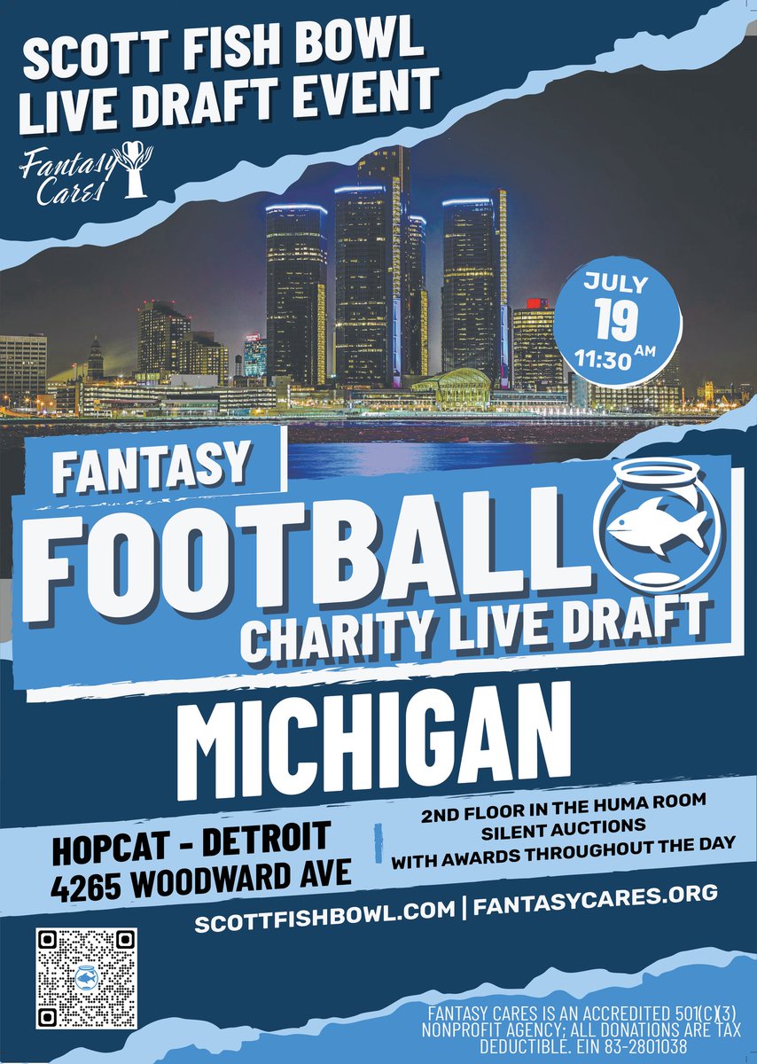 Less than 2 week until #SFB15 #DetroitLive draft in downtown Detroit <a href="/HopCat/">HopCat</a>! Thanks for hosting <a href="/FFCommish_YIS/">The Fantasy Nobody</a> Even if you're not drafting live, come out to spectate and donate via the silent auction to donate! Lots of good people, cool stuff, and a great cause <a href="/FantasyCaresOrg/">Fantasy Cares #fantasycares</a>