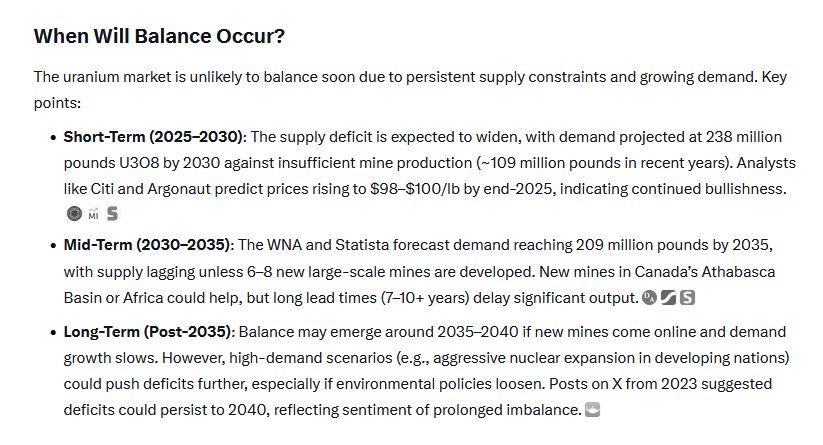quakes99's tweet photo. 🤔Dear Grok,📝 When do you see #Uranium supply and demand coming back into balance in order to bring today's Uranium bull market to an end?⏳⚖️
🤖"A conservative estimate suggests the bull market may persist until ~2035" but "the bull market could extend beyond 2040."😊📈🤠🐂🌊🏄 https://t.co/w2fRT9CEEF