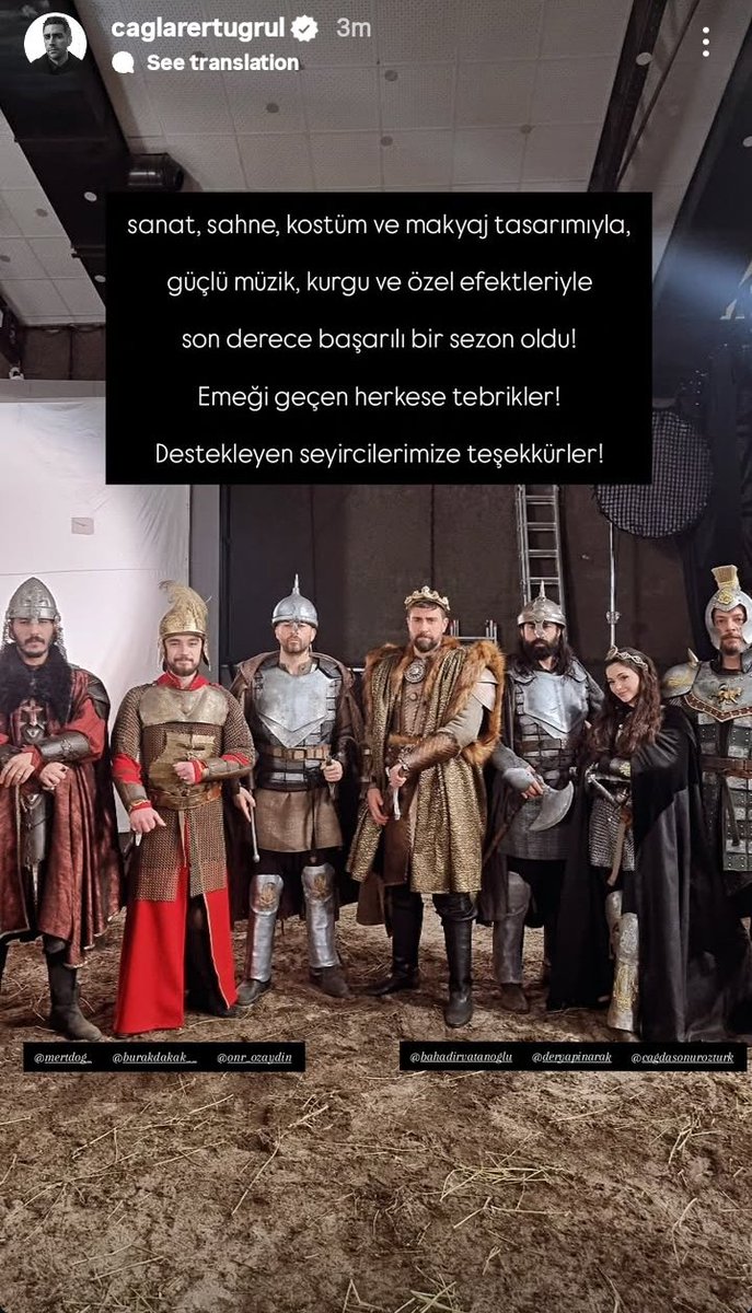 İG Story  ÇağlarErtuğrul ✨️
این فصل با طراحی هنری، صحنه، لباس و گریم، موسیقی قوی، تدوین و جلوه‌های ویژه، فصل بسیار موفقی بود! تبریک به همه کسانی که کمک کردند! از تماشاگران حامی ما متشکریم!👑
#ÇağlarErtuğrul #Prens