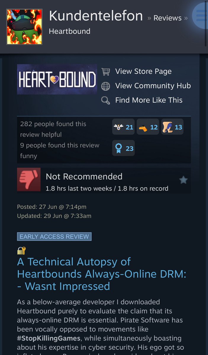 User reviewed Pirate Software's game and was banned for criticizing its DRM in a single-player game.
