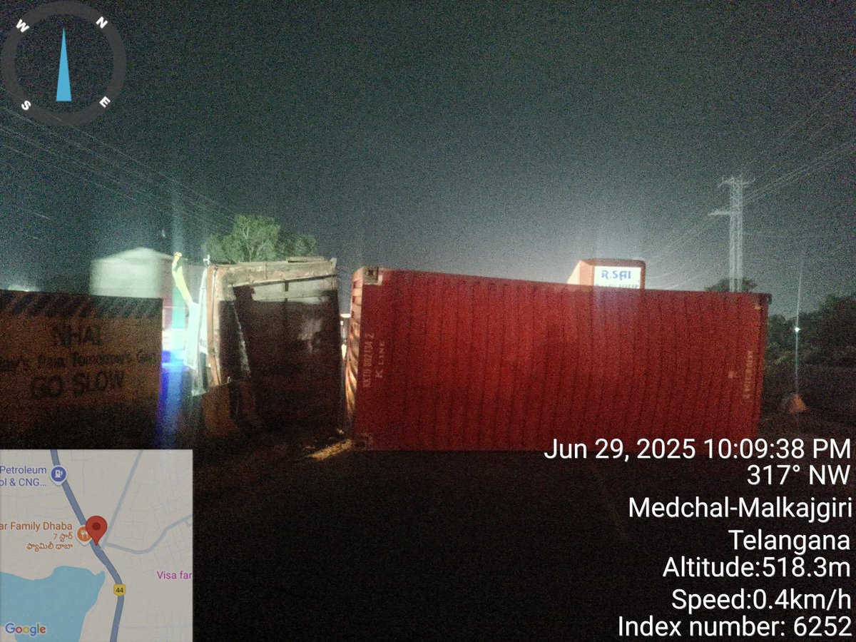 Traffic Update 29.06.2025, 22:25 Hrs
Traffic movement is slow near Rekulabavi towards Medchal. Due to Vehicle Accident.
Medchal Traffic Police  are working to clear Traffic. Please cooperate with Traffic Police.