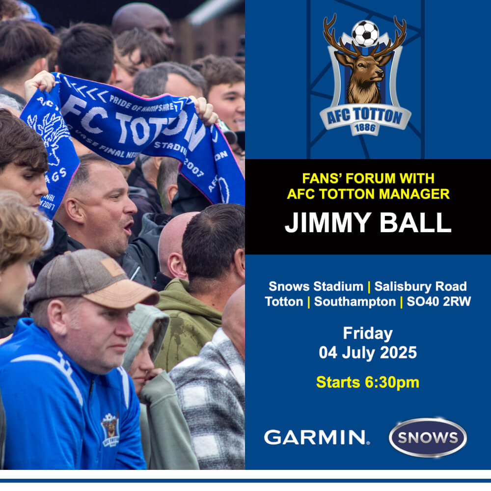 HAVE YOUR SAY at the FANS' FORUM

Ahead of the club's first-ever foray into Step 2 ⚽️ speak to AFC Totton boss JIMMY BALL

🏟️ Snows Stadium, Totton SO40 2RW
📅 Fri 04 July
🎟️ FREE Entry | 🍻 DOORS Open 5:30pm
🍔 FOOD Available to Buy | ⏰ FORUM Starts 6:30pm

#ComeOnYouStags 🦌