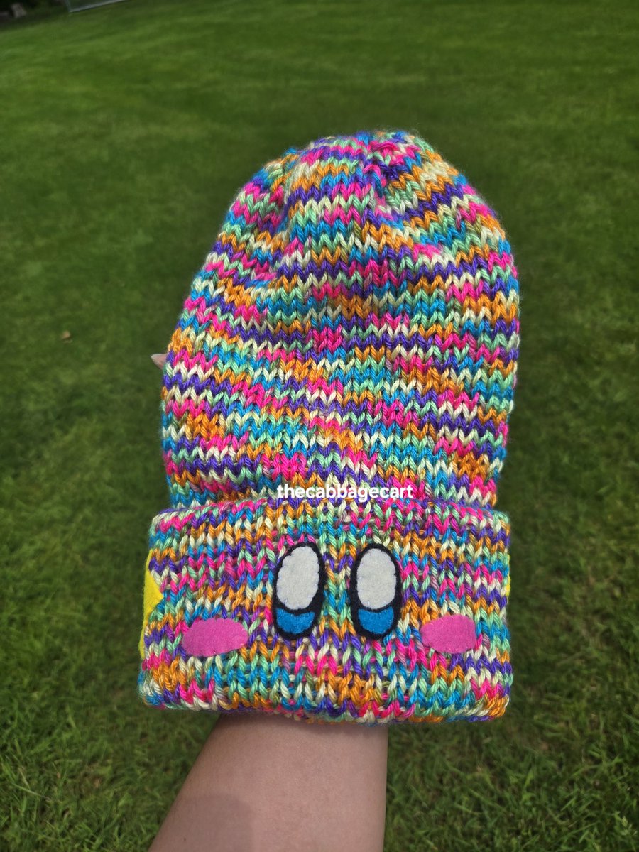 thecabbagecart's tweet image. Happy pride heres a rainbow kirbeanie (kirby beanie) i knitted :3