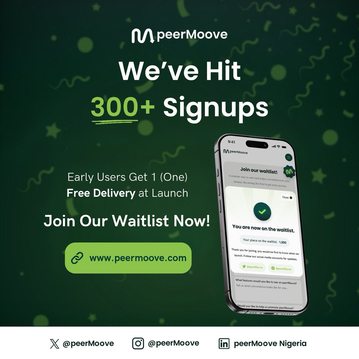 peerMoove's tweet photo. We hit 300+ signups on the waitlist! 💚

Shout out to every person who signed up, reposted, or told a friend 💚🥳

#peerMoove https://t.co/2Hvk99buM4