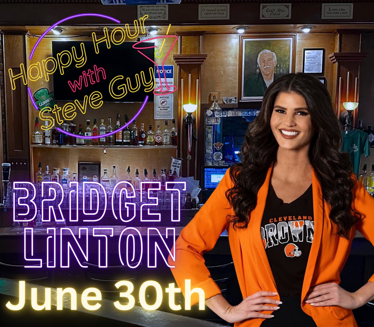 Take Two. Join us tomorrow, MONDAY JUNE 30th for another Hapoy Hour taping with a live audience! 
Our guest will be <a href="/Bridget_Linton/">Bridget Linton</a> who you may know from Browns games and other events!
We’ll start serving drinks up at 5pm as usual, and taping 6-8pm, UPSTAIRS