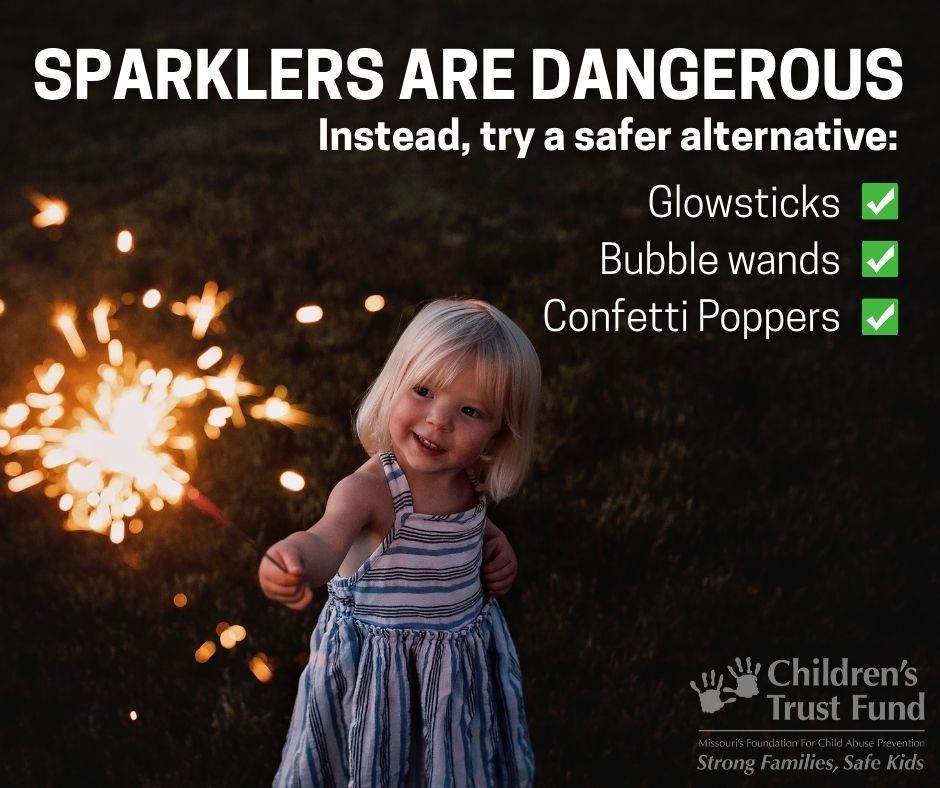 Sparklers can burn up to 3,000°F—that’s hot enough to melt some metals and can cause serious burns if contact is made with skin. Instead of sparklers this July 4th, try: 
✅ Glow sticks
✅ Bubble wands
✅ Confetti poppers
#FireworkSafety #4thOfJulyTips #SafeCelebrations