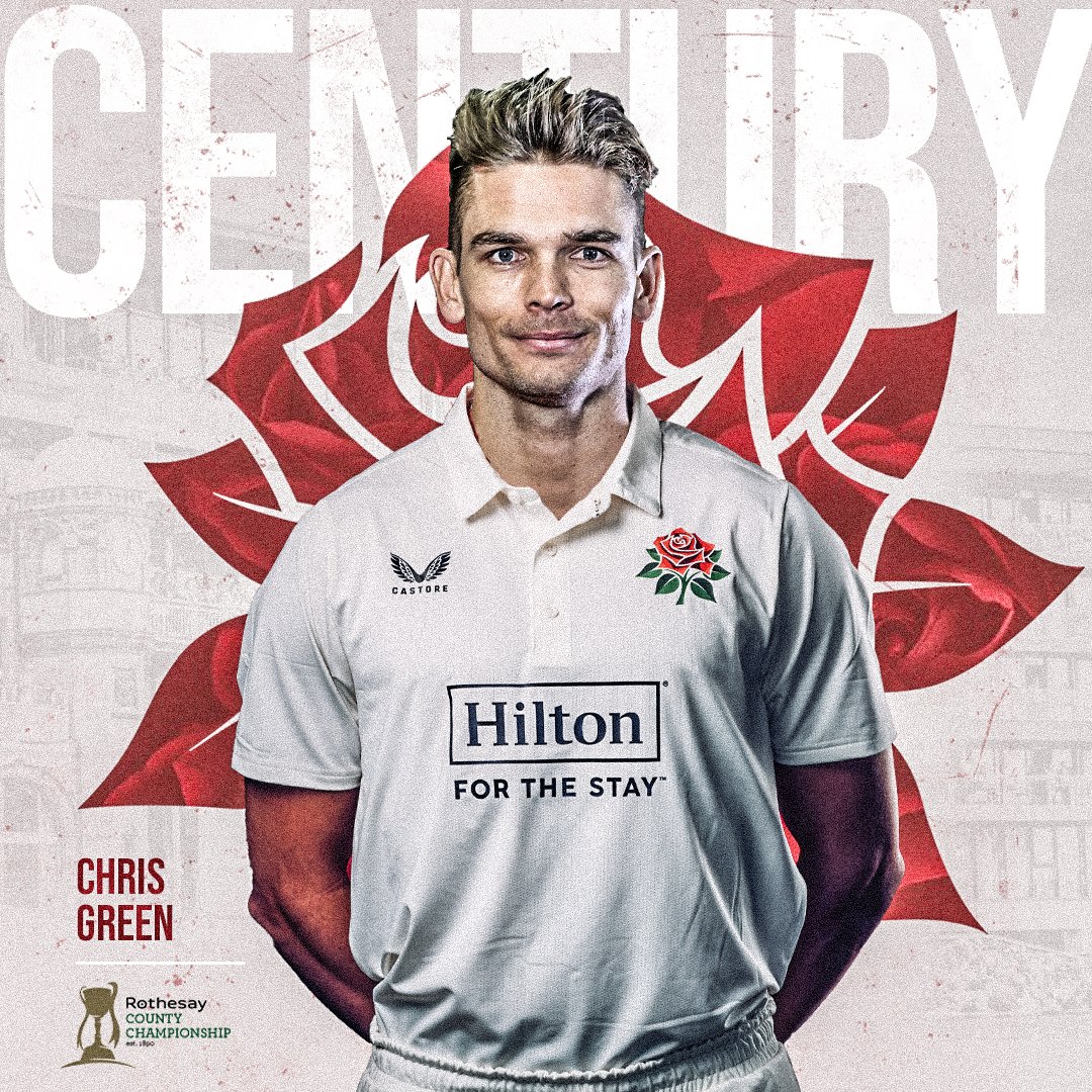 lancscricket's tweet photo. HUNDRED FOR GREENY! 💯😍

What a knock from Chris Green as he reaches his maiden career first-class century off 143 balls!

Congratulations, Greeny! 👏

1️⃣6️⃣ FOURS
1️⃣ SIX

331-8 (86.2)

🌹 #RedRoseTogether https://t.co/yqjV1x7JIS