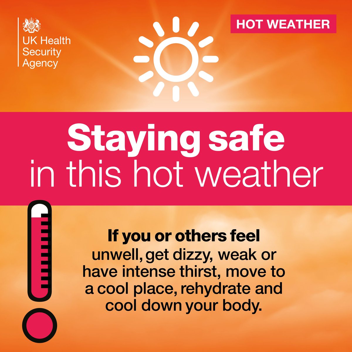 Staying safe in this hot weather

If you or others feel unwell, get dizzy, weak or have intense thirst, move to a cool place, rehydrate and cool down your body.