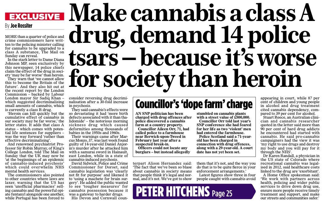 _JoeRossiter's tweet image. EXC: More than a quarter of Police and Crime Commissioners have written to the Policing Minister calling for cannabis to be upgraded to a Class A substance.
They said the harms of cannabis to society could be ‘worse than heroin’.