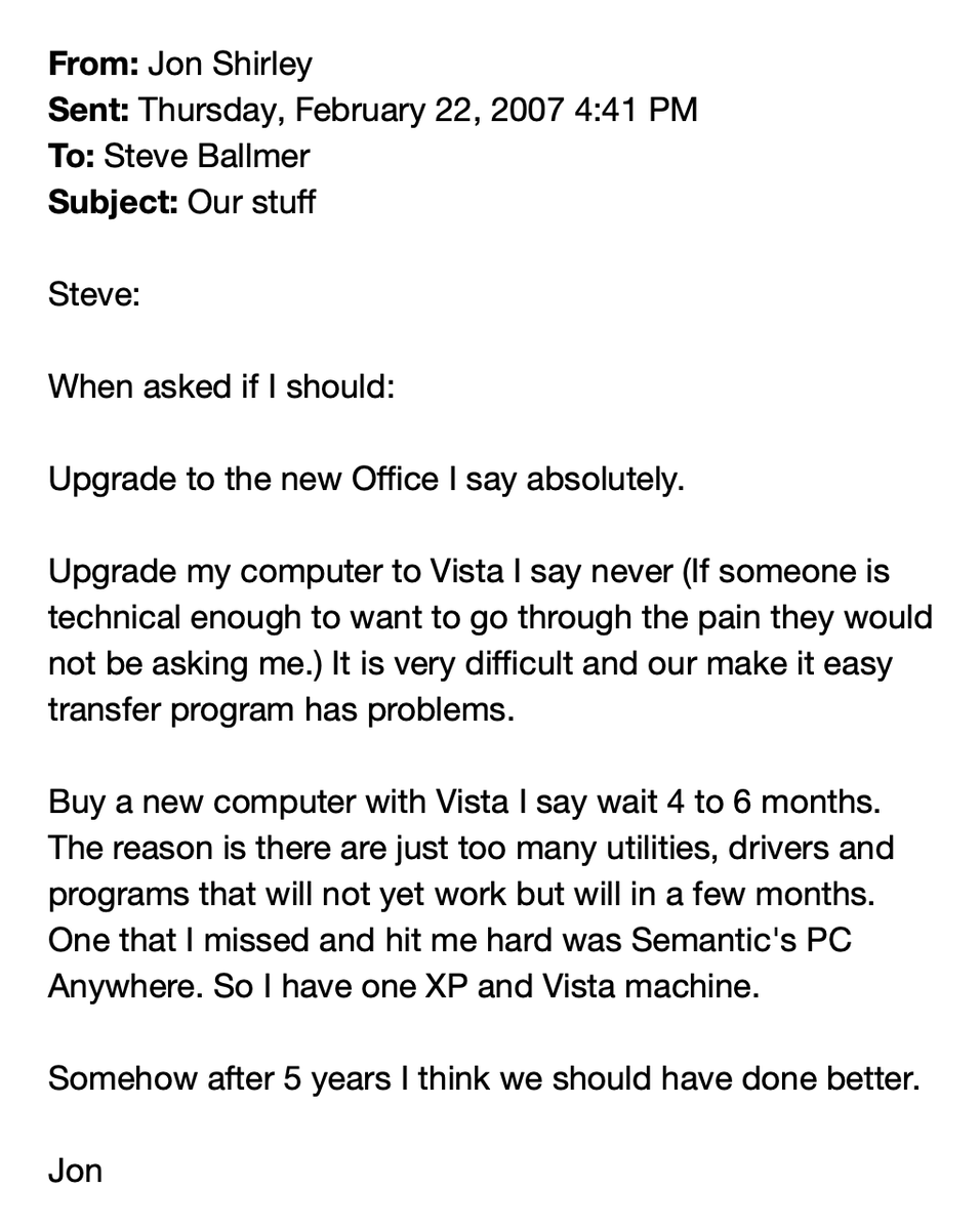 TechEmails's tweet photo. Steve Ballmer on Vista: "we cannot do that again"

February 23, 2007 https://t.co/kYy0zdMjfO