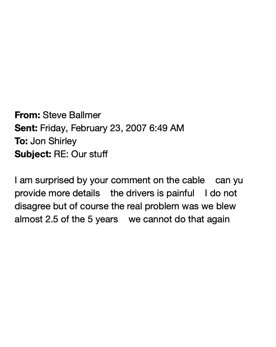 TechEmails's tweet photo. Steve Ballmer on Vista: "we cannot do that again"

February 23, 2007 https://t.co/kYy0zdMjfO