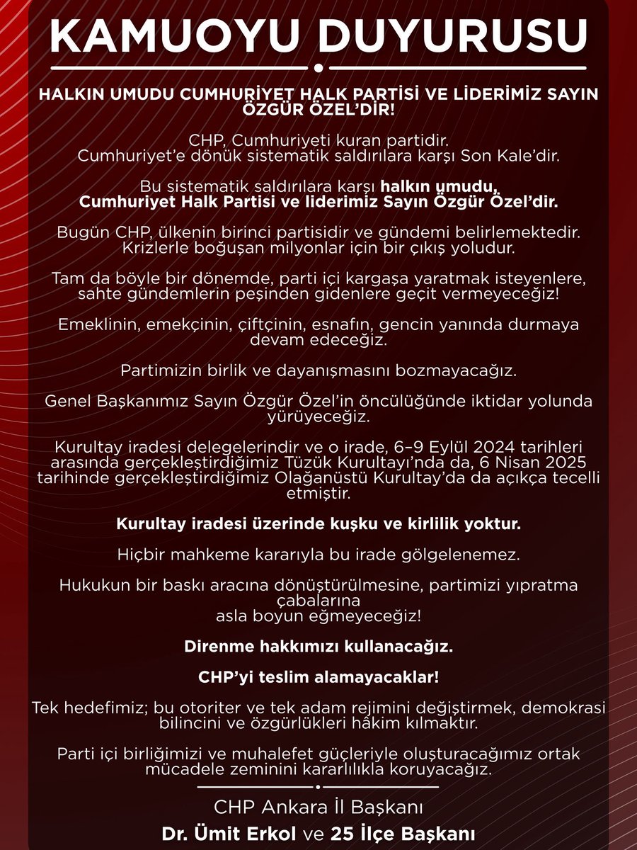 HALKIN UMUDU CUMHURİYET HALK PARTİSİ VE LİDERİMİZ SAYIN ÖZGÜR ÖZEL’DİR!

CHP, Cumhuriyeti kuran partidir. Cumhuriyet’e dönük sistematik saldırılara karşı Son Kale’dir.
Bu sistematik saldırılara karşı halkın umudu, Cumhuriyet Halk Partisi ve liderimiz Sayın Özgür Özel’dir.