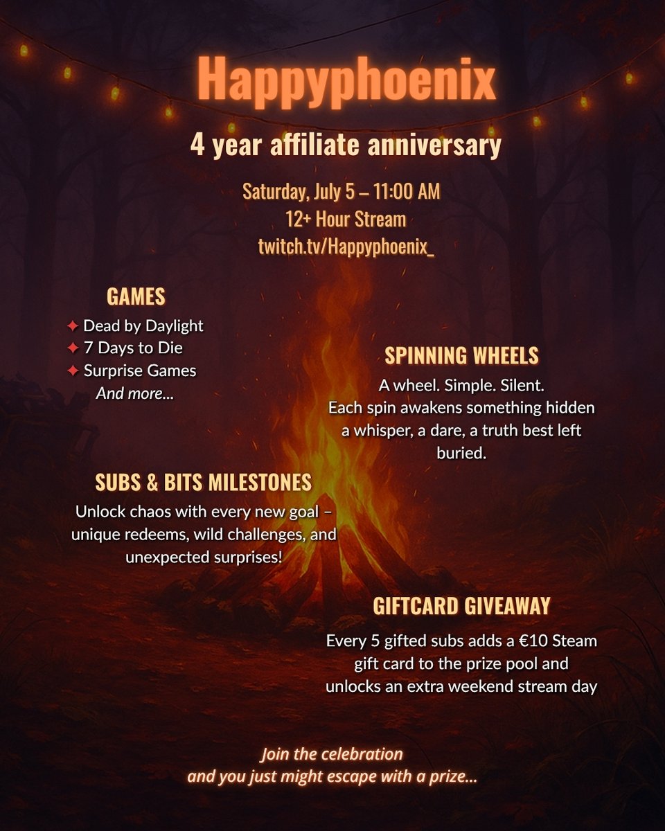 🎉 4 Years of Screams &amp; Survival
July 5 Anniversary Stream
Join the chaos in the Fog with Dead by Daylight madness, fun and surprises
11:00 AM CEST
twitch.tv/happyphoenix_
🔁 Reposts appreciated
#DeadByDaylight #TwitchAnniversary #DBDCommunity #TwitchNL #TwitchNederland