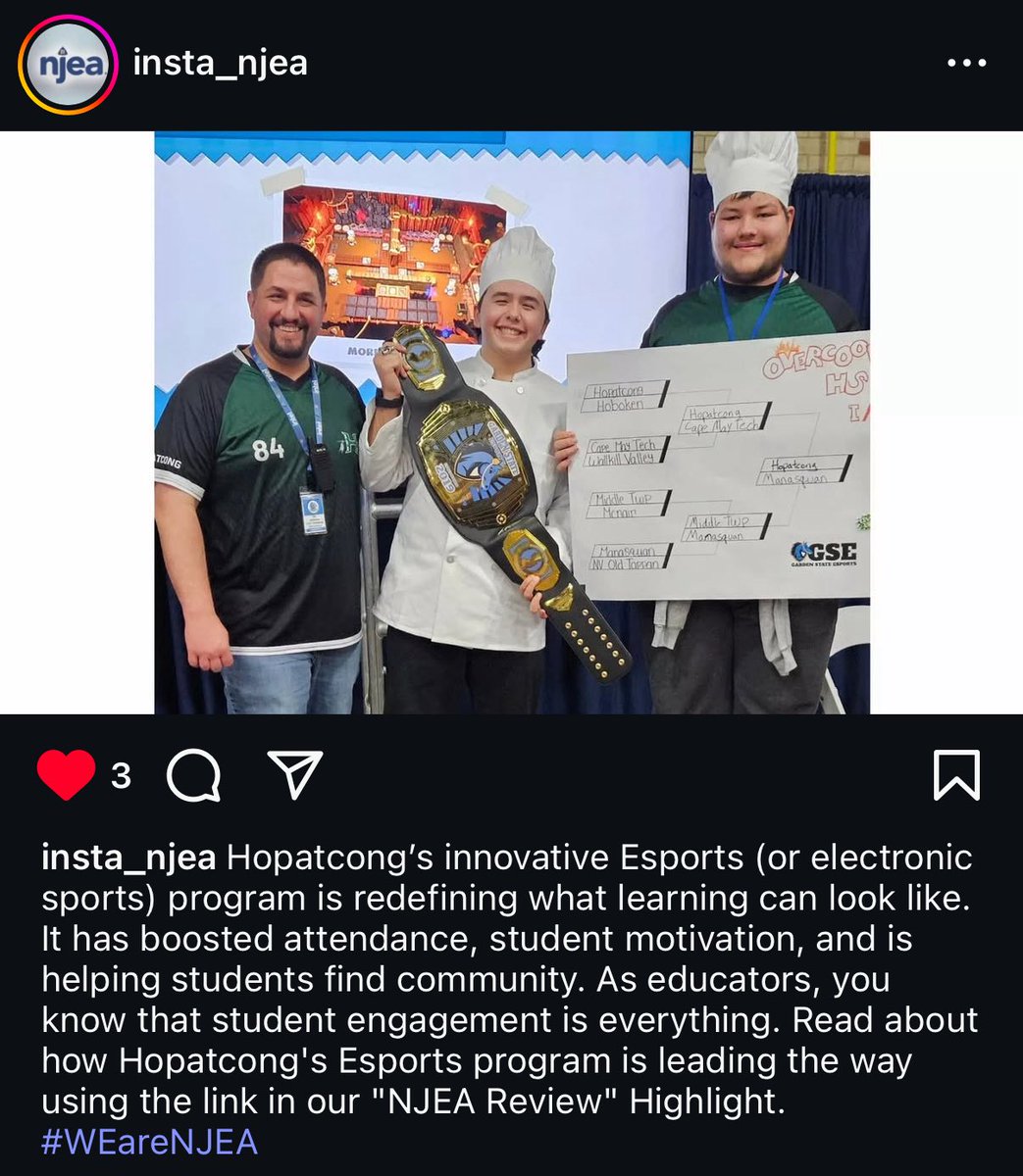 Congratulations <a href="/MrMcKowen/">James McKowen</a> on the feature by @insta_njea! Check out their page to learn more about our NJ teacher-founded organization and Coach Jim's accomplishments in the <a href="/NJEA/">NJEA</a> Review. #newjersey #njea #esports #esportsedu #edtechteachers