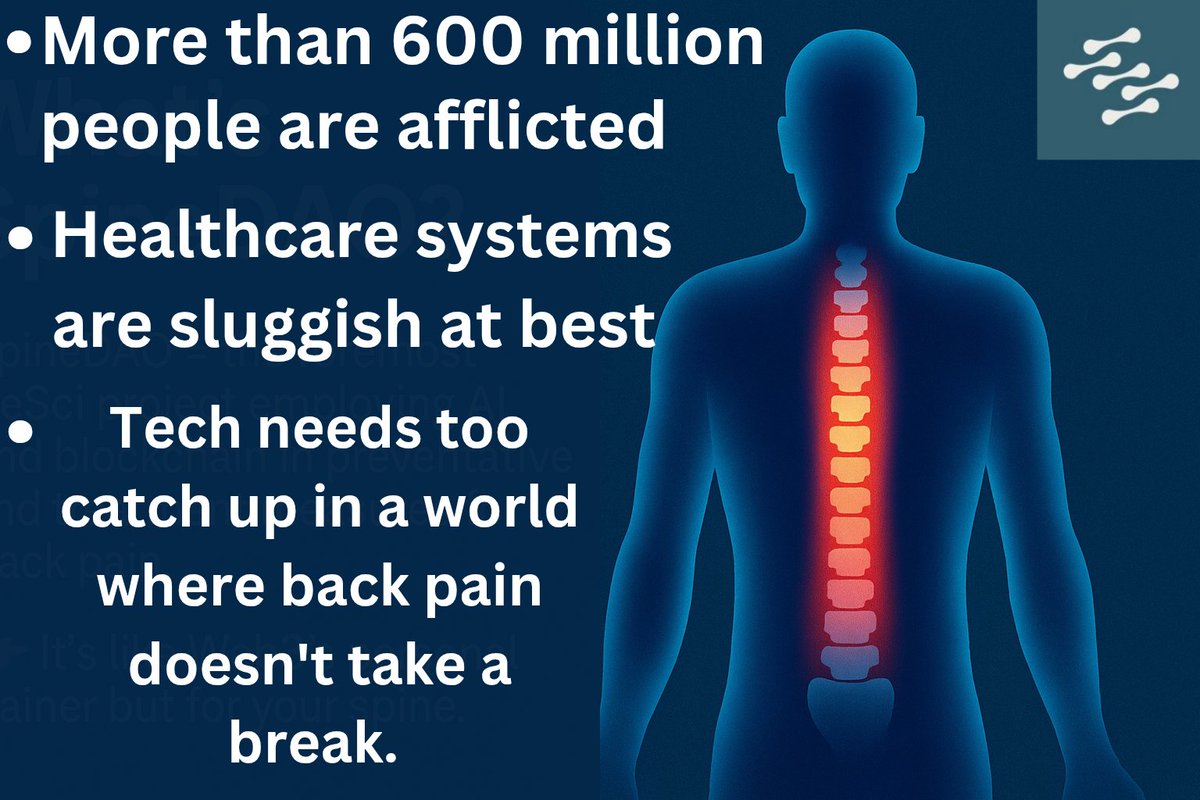 Yusup_a_b's tweet image. Why it matters?
✅ More than 600 million people are afflicted
✅ Healthcare systems are sluggish at best
✅ SpineDAO builds preemptive AI-based tools to stave off back problems.
Tech needs too catch up in a world where back pain doesn't take a break.
#AI #SpineDAO