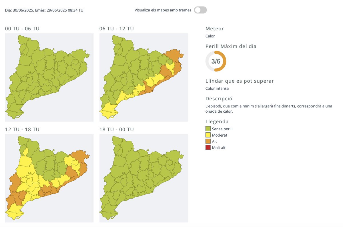 P4Estacions's tweet photo. Les temperatures màximes de demà seran excepcionalment altes 🔥 a molts punts, dins del 2% més càlid de l’estiu (percentil 98). 

Bona part de Catalunya viurà un dels dies més calorosos de l’any. El @meteocat manté un avís ⚠️ per calor. 

#Projecte4Estacions https://t.co/QVttevFasL