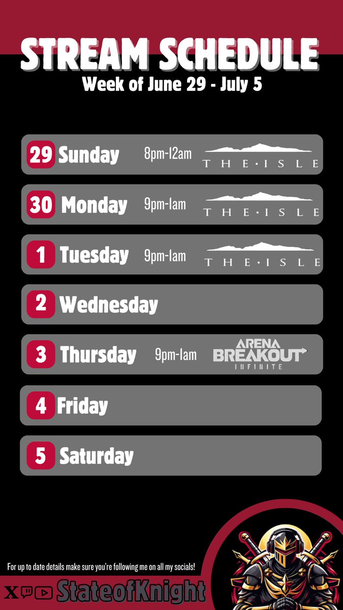 Schedule for the week