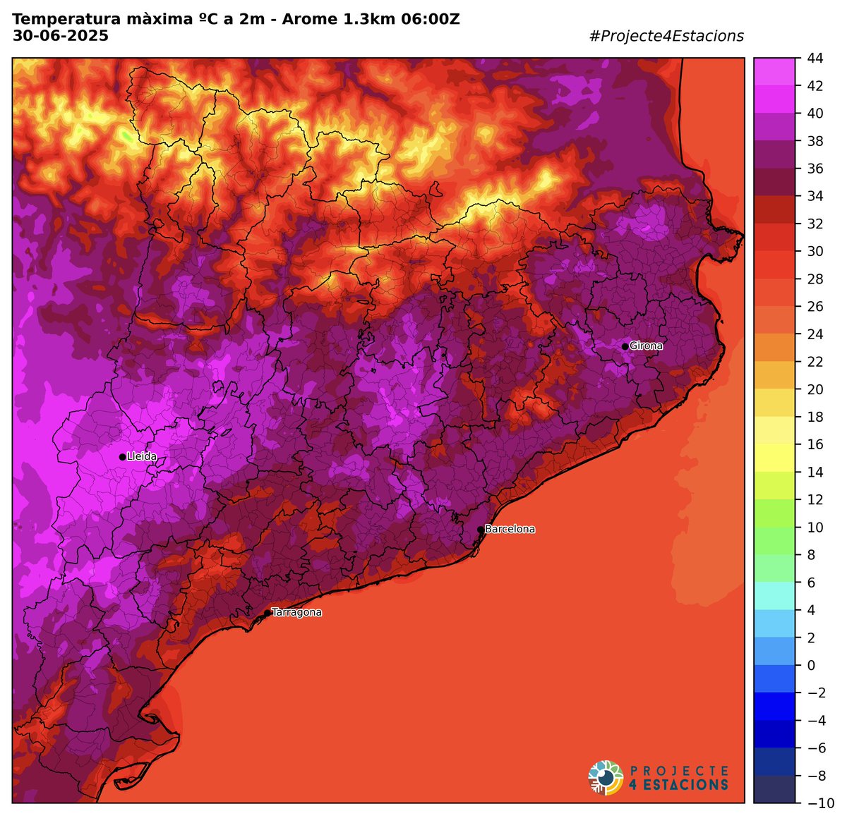 P4Estacions's tweet photo. Les temperatures màximes de demà seran excepcionalment altes 🔥 a molts punts, dins del 2% més càlid de l’estiu (percentil 98). 

Bona part de Catalunya viurà un dels dies més calorosos de l’any. El @meteocat manté un avís ⚠️ per calor. 

#Projecte4Estacions https://t.co/QVttevFasL