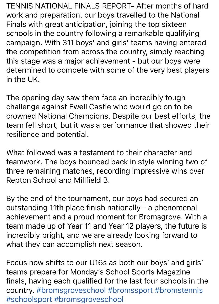 The latest report from the Tennis National Finals ⬇️

#BromsSport #BromsTennis #SchoolSport