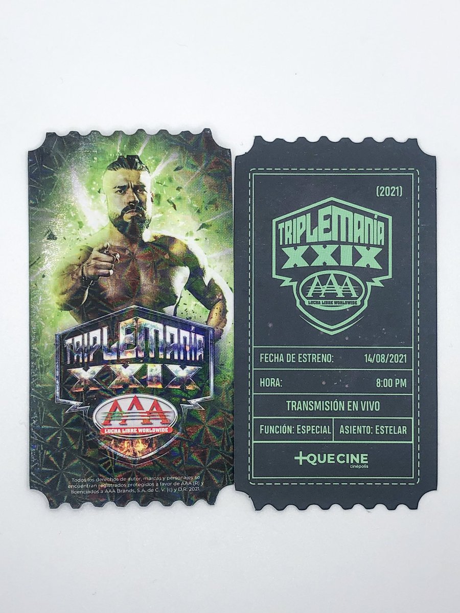 BLACKTERRY's tweet image. This is the only collectible ticket I got from Triplemanía XXIX—Cinépolis released 4 designs (Rey Escorpión, Psycho Clown, Kenny Omega & Andrade). I went to 3 theaters, but all had Andrade ‘La Sombra’. Never found the others, so this one became special. Anyone got all 4?