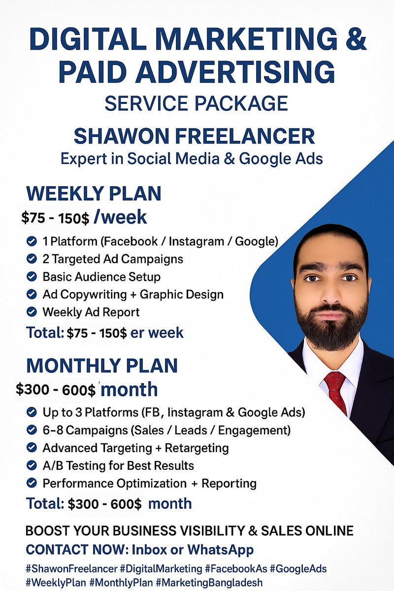 Shawon_Marketer's tweet photo. 💼 Monthly and Weekly Digital Marketing Services fee Packages
🔹 1. Social Media Advertising (FB, IG, TikTok, LinkedIn, Twitter/X)
🔹 2. Google Ads / PPC Management
🧩 3. Combo Packages (All-in-One Deals)
⭐ Combo Growth Package (SMM + FB/IG Ads + Google PPC)
Shawon Freelancer https://t.co/ClOzU7K4Nk