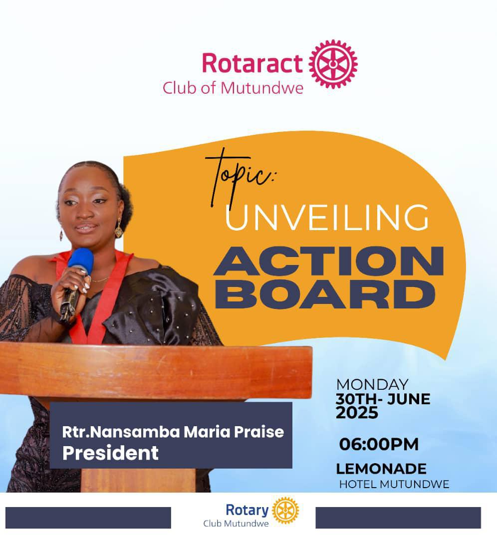 Rotaract Club of Mutundwe (@rac_mutundwe) on Twitter photo ACTION BOARD UNVEILING🔥
Greetings partners in service💫
Tomorrow <a href="/rac_mutundwe/">Rotaract Club of Mutundwe</a> is thrilled to invite you all as the President unveils her action board.
📅: Monday, 30th June 2025
⌚:6:00pm
📍Hotel Lemonade, Mutundwe
Let's be there friends💃🏿🚀
#UniteForGood
#RacMutundwe ACTION BOARD UNVEILING🔥
Greetings partners in service💫
Tomorrow <a href="/rac_mutundwe/">Rotaract Club of Mutundwe</a> is thrilled to invite you all as the President unveils her action board.
📅: Monday, 30th June 2025
⌚:6:00pm
📍Hotel Lemonade, Mutundwe
Let's be there friends💃🏿🚀
#UniteForGood
#RacMutundwe