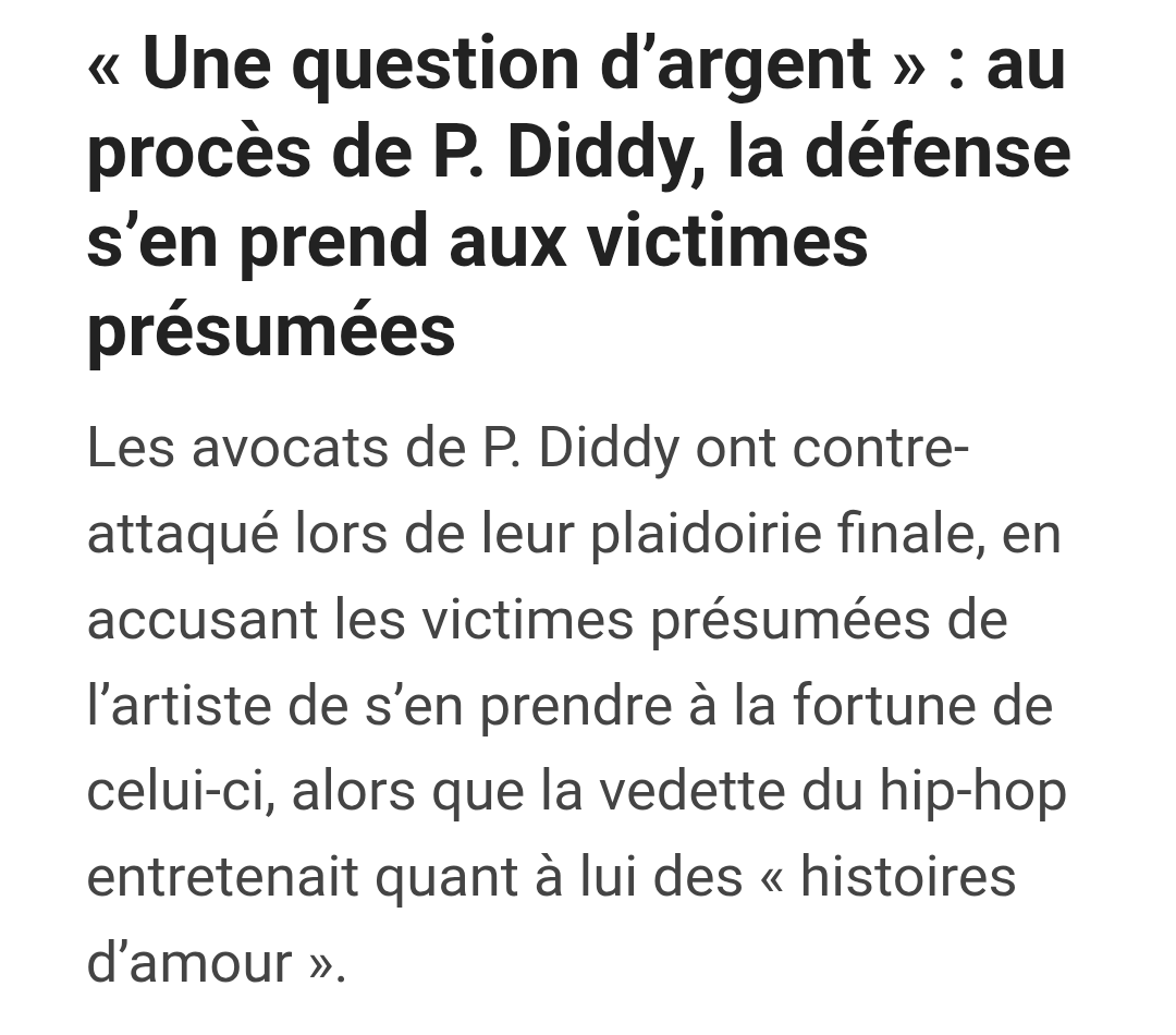 Bientôt la fin du procès de #Diddy :
Stratégie de défense de l'avocat de ce dernier (qui a refusé de témoigner) en parlant de Cassie Ventura : "Elle aime le sexe et grand bien lui en fasse", tout en la qualifiant de belle et sexy. Les victimes présumées seraient des menteuses qui