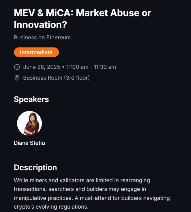 ✨What an amazing time at <a href="/ETHCluj/">ETHCluj</a> !
Saturday was a whirlwind — packed with energy, brilliant minds, and inspiring chats. I kicked off with my keynote: “MEV &amp; MiCA: Market Abuse or Innovation?” 
Thanks to everyone who came, challenged ideas, and pushed the conversation forward.