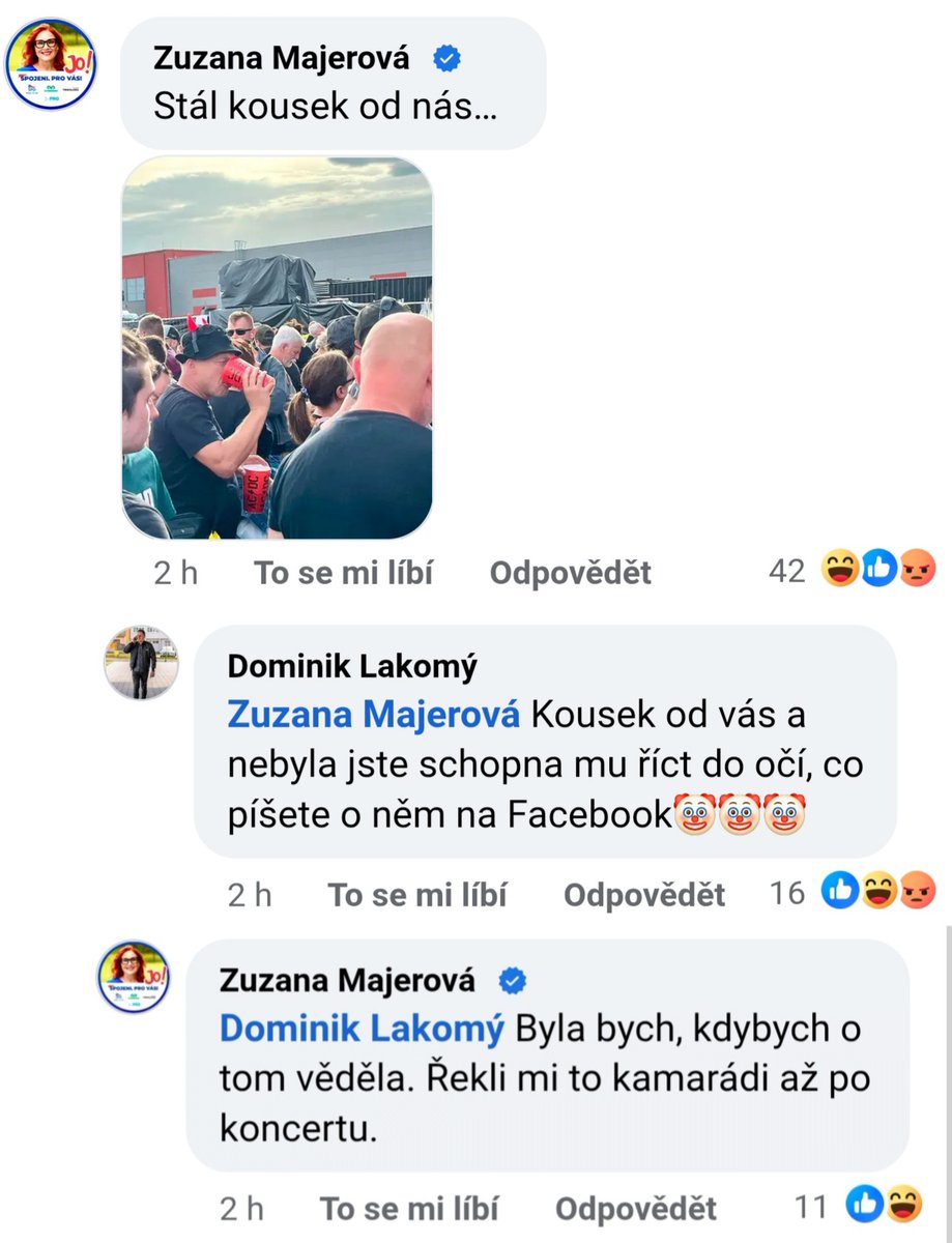 zwrateklemplova's tweet image. Je neskutečné, jak moc hloupá Z. Majerová je.
Nejdřív sdílí fotku s komentářem, že PP stál na koncertě kousek od ní. Když pak dostane otázku, proč mu do očí neřekla, co o něm píše na FB, napíše, že jí o něm řekli až po koncertu🤡