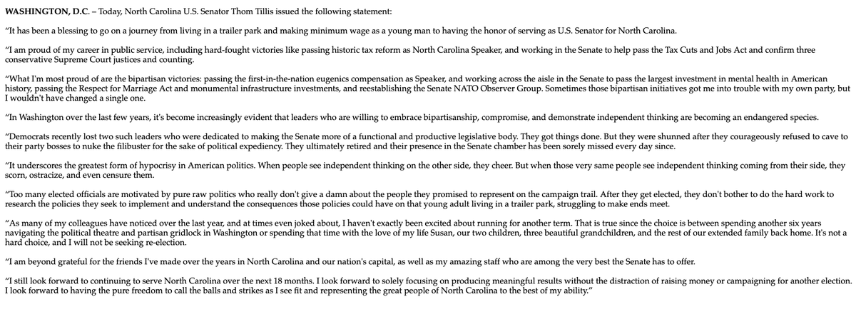 ReubenJones1's tweet photo. BREAKING: 

@SenThomTillis is NOT seeking re-election. 

#Ncpol https://t.co/D5FhqGpZXr