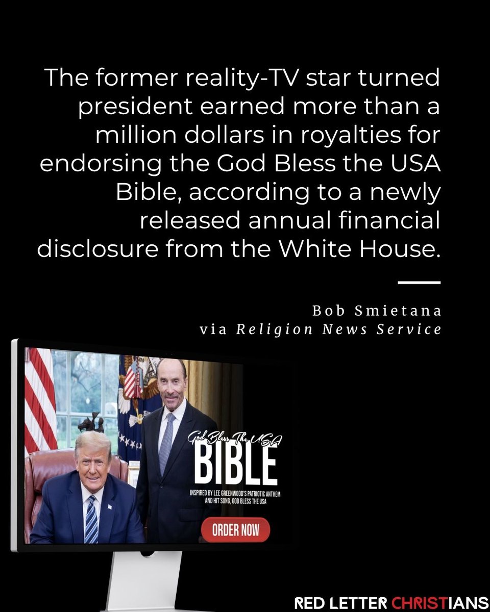 RedLetterXians's tweet image. &quot;The $60 #GodBlesstheUSABible comes in a number of editions, including a $1,000 edition signed by the president, a $99 golden-age version to celebrate Trump’s election, along with pink and camouflage covered editions.&quot;

&quot;Patriotic Bible blesses Trump with $1.3 million in…