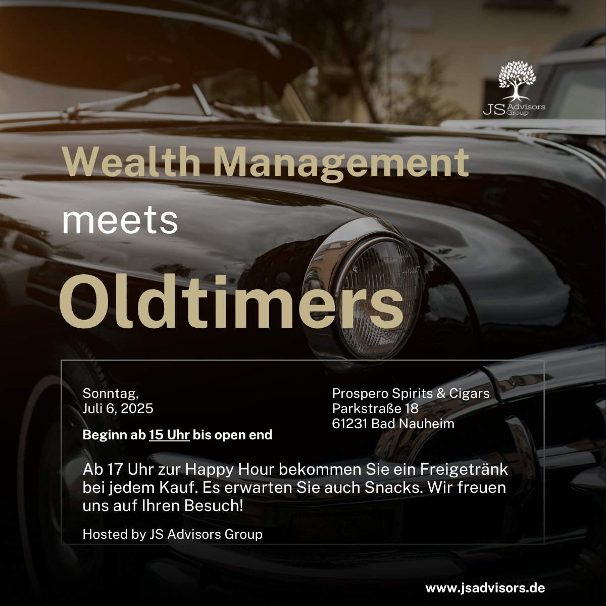 JSAdvisorsGroup's tweet image. Wir laden Sie herzlich ein, uns nächste Woche Sonntag beim Oldtimer-Tag in Bad Nauheim zu besuchen. Es erwarten Sie kühle Erfrischungen und Snacks ab 15 Uhr. 

Wir freuen uns auf Ihren Besuch.  

Ihre JS Advisors Group