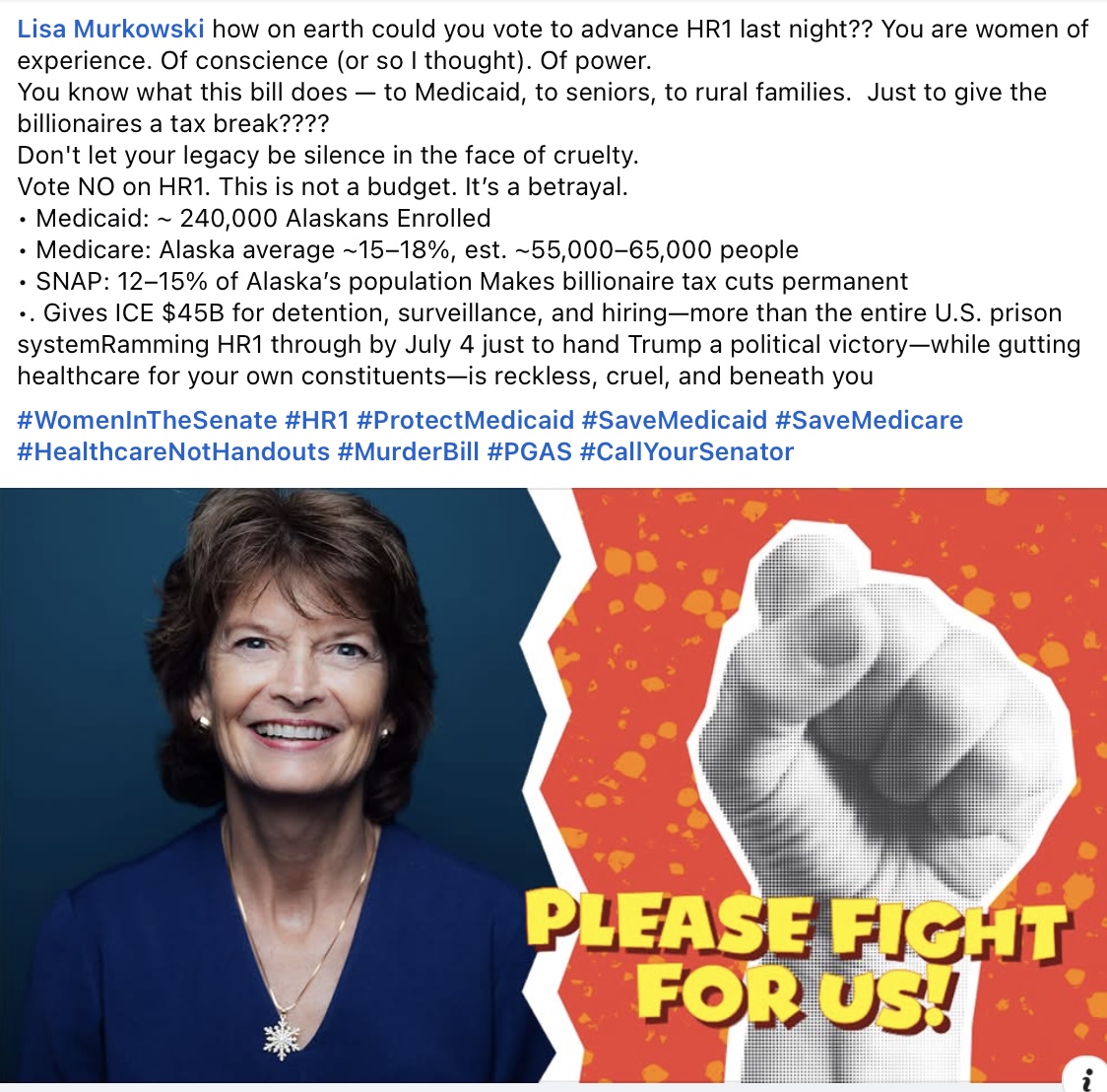 Last night, while we slept, the GOP  pushed forward HR1
❌Cuts Medicare, Medicaid &amp; SNAP
💸Billionaire tax cuts made permanent
👁️‍$45B to ICE for jailing, spying, hiring; more than the U.S. prison system
@Lisamurkowski voted YES
is.gd/5jUoZl/CallSen… #MurderBill #ICEstapo #PGAS