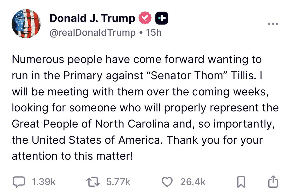 Kelsey Walsh (@kjwalsh_news) on Twitter photo .<a href="/SenThomTillis/">Senator Thom Tillis</a> will not see reelection in 2026.
His announcement comes on Sunday morning as the President suggested that he’d meet with those who seek to Primary him.
Tillis notably opposed the president’s ‘big, beautiful bill’ over concerns about deep cuts to Medicaid. .<a href="/SenThomTillis/">Senator Thom Tillis</a> will not see reelection in 2026.
His announcement comes on Sunday morning as the President suggested that he’d meet with those who seek to Primary him.
Tillis notably opposed the president’s ‘big, beautiful bill’ over concerns about deep cuts to Medicaid.