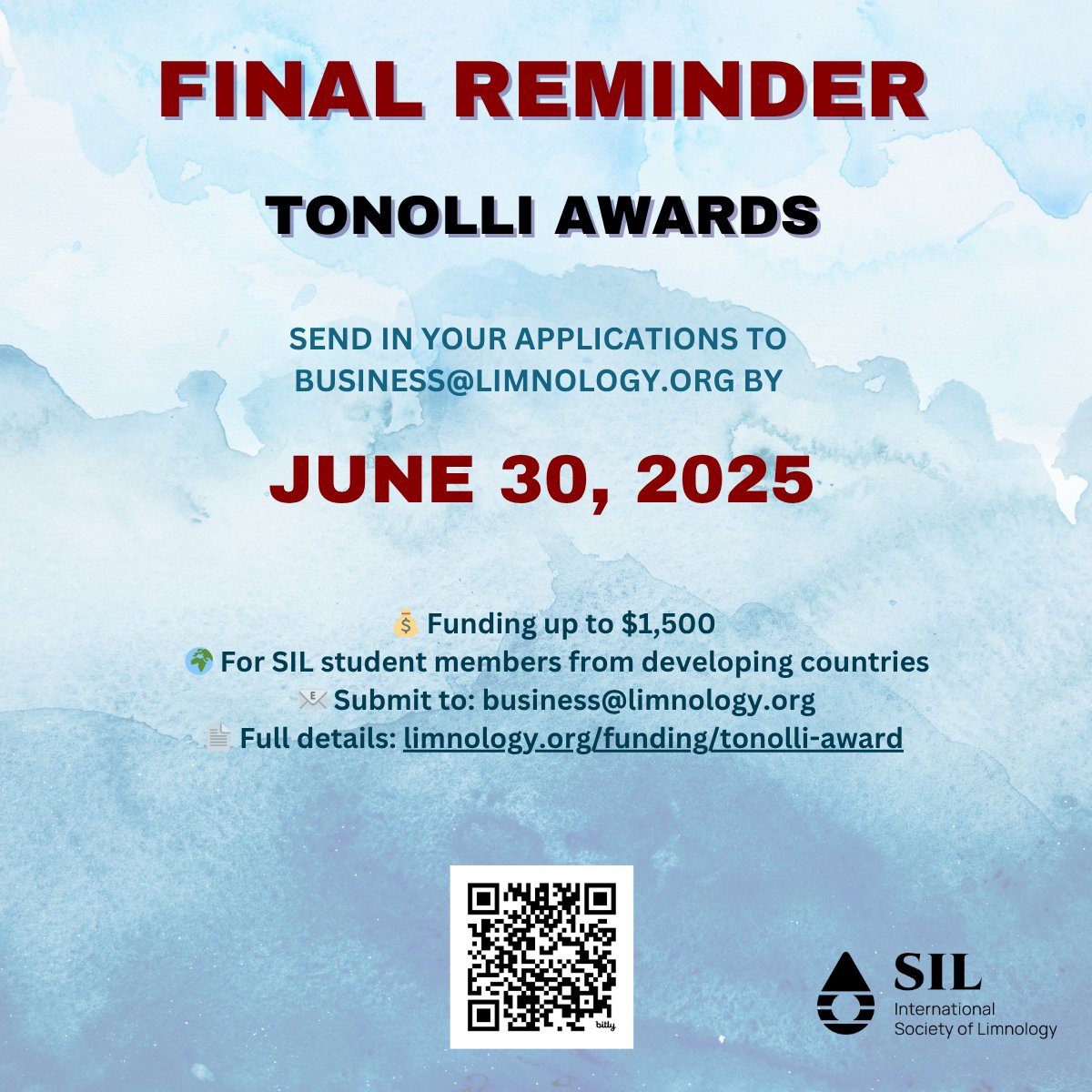 SIL Limnology (@sil_limnology) on Twitter photo 📣📣 FINAL REMINDER: Tonolli Research Awards 📣📣
⏰ Deadline: June 30, 2025
SIL student members from developing countries — apply now to receive up to $1,500 for your limnology research!
📧 Submit to: business@limnology.org
🔗 Full info: limnology.org/funding/tonoll… 📣📣 FINAL REMINDER: Tonolli Research Awards 📣📣
⏰ Deadline: June 30, 2025
SIL student members from developing countries — apply now to receive up to $1,500 for your limnology research!
📧 Submit to: business@limnology.org
🔗 Full info: limnology.org/funding/tonoll…