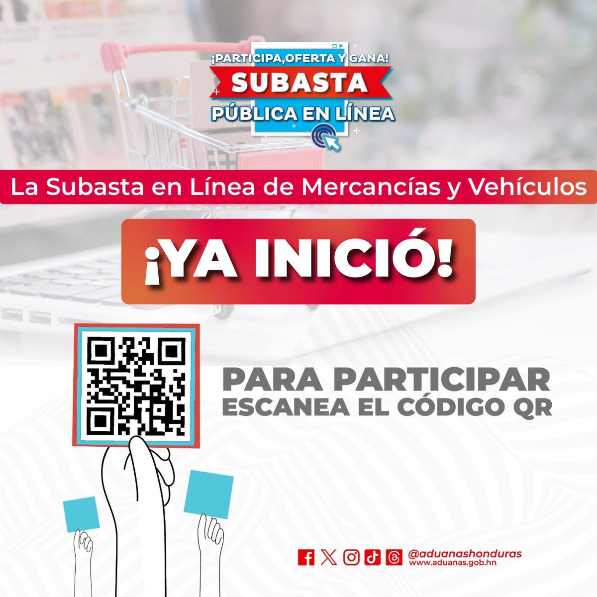 ¡Atención! 🚨

La Subasta en Línea de Mercancías y Vehículos, ya dio inicio 🛒🛍️💻

A partir de hoy, podrás ofertar por ese artículo que tanto buscas. ⏰🏃🏻🏃🏻‍♀️🏃‍♂️

¿Listas y listos para participar?

¡Escanea el Código QR y no dejes pasar esta oportunidad única!