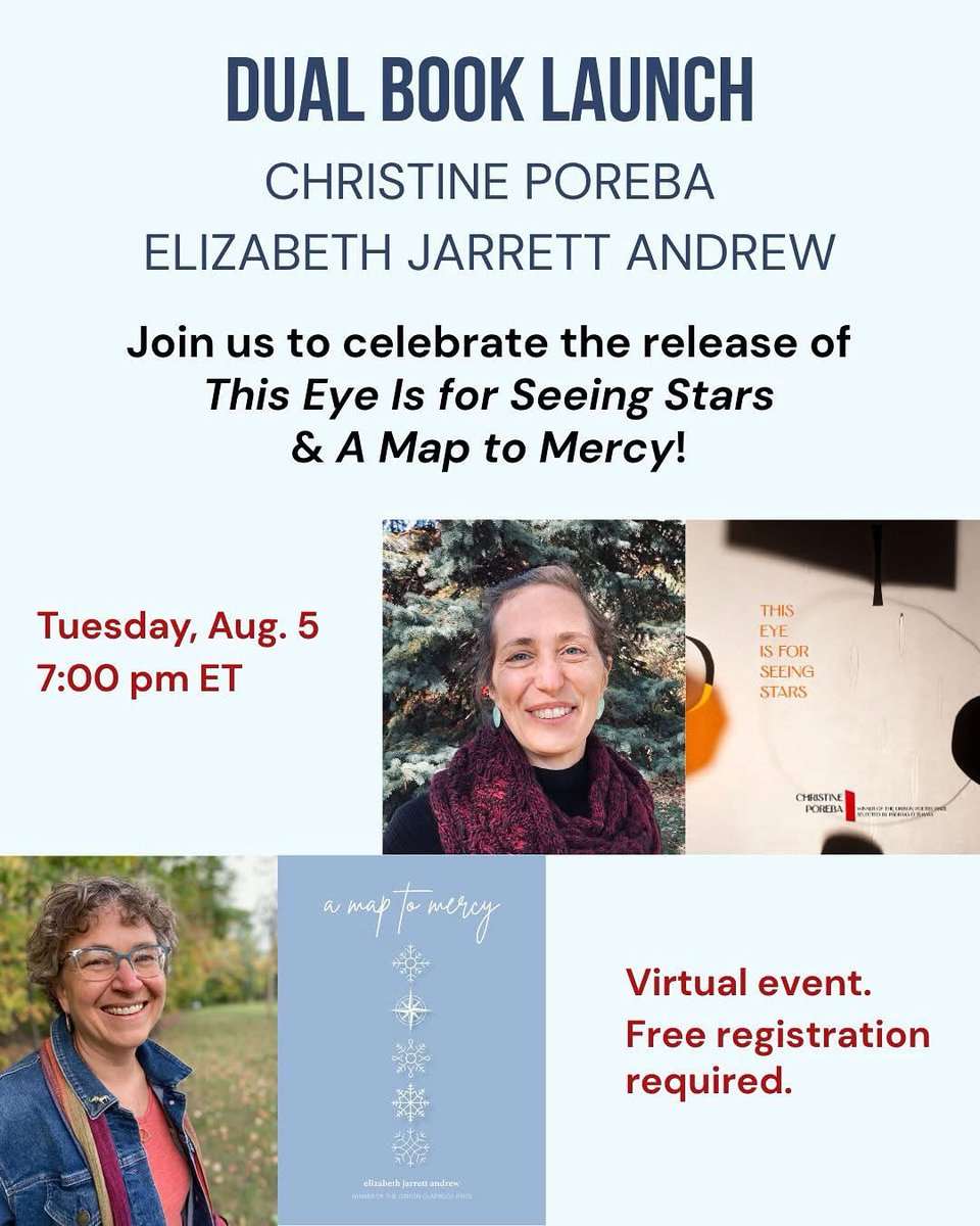OrisonBooks's tweet image. Join Orison Books for a virtual author reading to celebrate the release of two new titles!: Christine Poreba This Eye Is for Seeing Stars and Elizabeth Jarrett Andrew&apos;s A Map to Mercy. Tuesday, 8/5, 7:00 pm ET. Free registration required at bit.ly/4l7XEfW