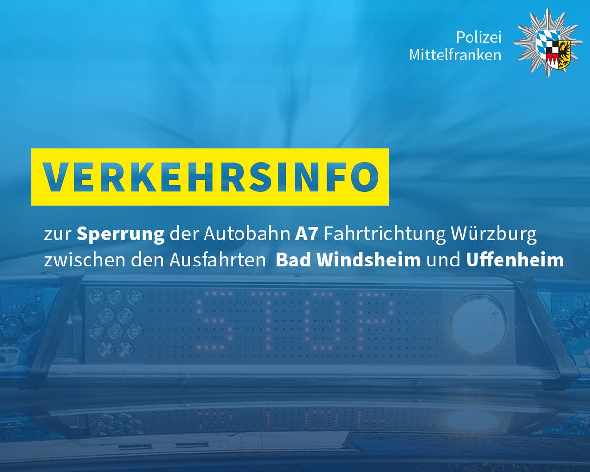 PolizeiMFR's tweet image. Aufgrund eines Verkehrsunfalls wurde die #A7 zwischen den Ausfahrten Bad Windsheim und Uffenheim-Langensteinach in Fahrtrichtung Würzburg #gesperrt. 

Inzwischen wurde die rechte Fahrbahn wieder freigegeben.