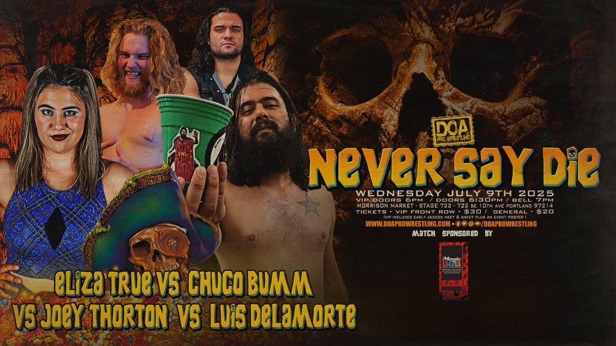 🚨ANNOUNCEMENT🚨

Eliza True 🆚 Chuco Bumm 🆚 Joey Thorton 🆚 Luis Delamorte

VIP is 1/2 gone! Get your tickets now!

🪨Never Say Die
🗓️Wednesday, July 9th
📍Morrison Market - Stage 722

🎟️doaprowrestling.com
