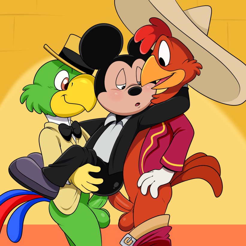 🐭: "Normally, I can't handle more than one person but two... that seems a bit worrisome, but golly, it sure is fun! I hope Donald doesn't walk in on me and his amigos~"