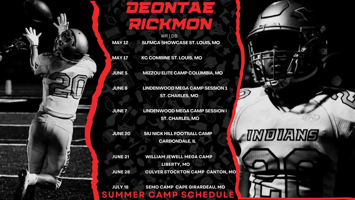 Deontae Rickmon (@drickmon2) on Twitter photo Camp season has been busy! Still more camps and visits to come but very appreciative of all the opportunities I’ve had & connections made this summer!
<a href="/HoltFB/">Holt Football</a> <a href="/RecruitHoltFB/">HOLT FOOTBALL RECRUITING</a> <a href="/NationHolt/">Holt Indian Nation</a> <a href="/EthanPlace8541/">Coach Ethan Place</a> <a href="/EthanPlace8541/">Coach Ethan Place</a> <a href="/JPRockMO/">JP Rock</a> <a href="/GSV_STL/">Gateway Sports Venue</a> <a href="/GatewayGrid/">Gateway Gridiron</a> <a href="/MidRecruiting/">Prep “Football” Mid Missouri Recruiting</a> Camp season has been busy! Still more camps and visits to come but very appreciative of all the opportunities I’ve had & connections made this summer!
<a href="/HoltFB/">Holt Football</a> <a href="/RecruitHoltFB/">HOLT FOOTBALL RECRUITING</a> <a href="/NationHolt/">Holt Indian Nation</a> <a href="/EthanPlace8541/">Coach Ethan Place</a> <a href="/EthanPlace8541/">Coach Ethan Place</a> <a href="/JPRockMO/">JP Rock</a> <a href="/GSV_STL/">Gateway Sports Venue</a> <a href="/GatewayGrid/">Gateway Gridiron</a> <a href="/MidRecruiting/">Prep “Football” Mid Missouri Recruiting</a>