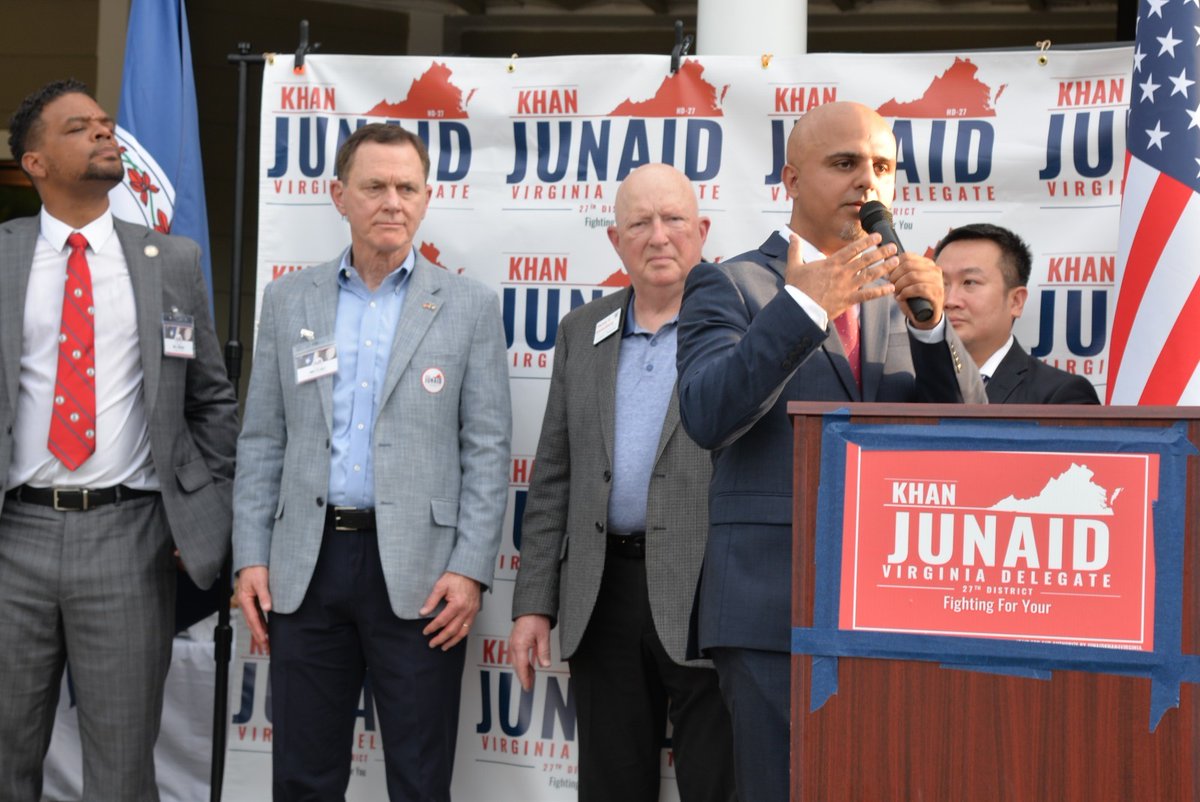 DelegateHiggins's tweet photo. Great evening to be out in support of the next Virginia Delegate from the 27th District Junaid Khan @junaid4va with @henryforva and @mikeclancyva. https://t.co/G5FLbuvD0f