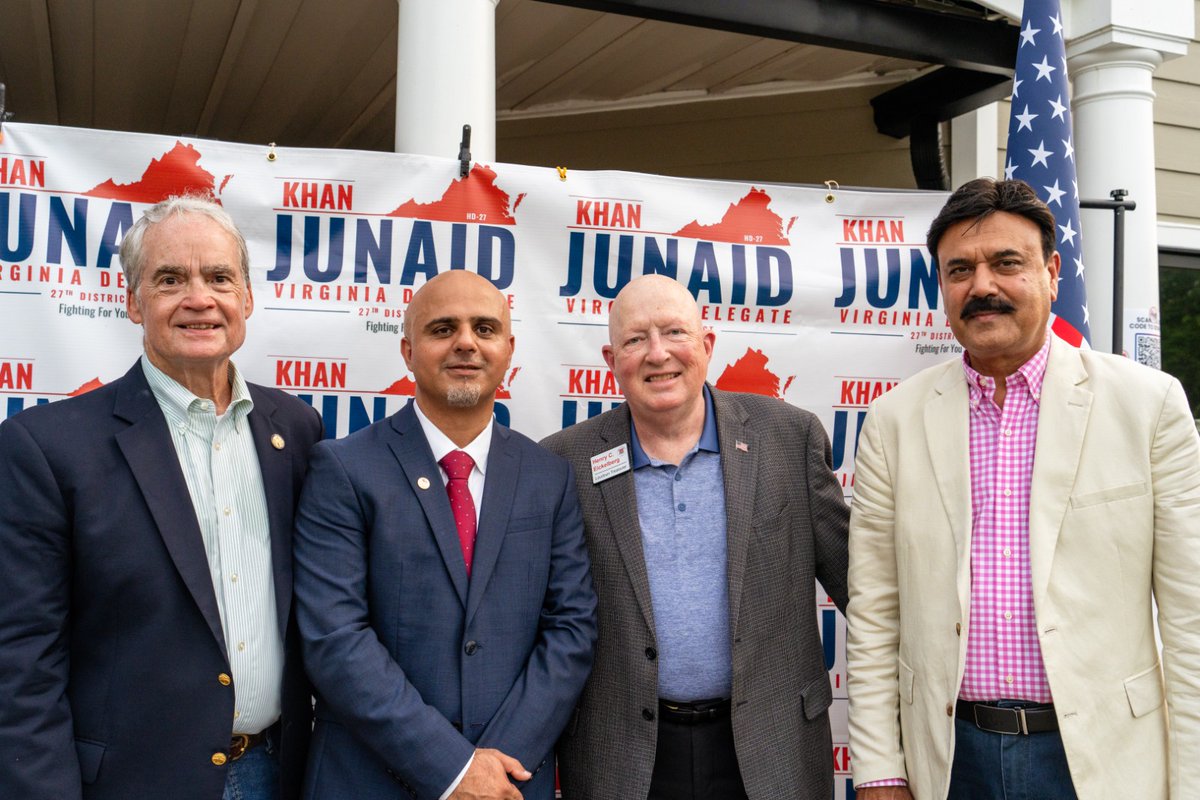 DelegateHiggins's tweet photo. Great evening to be out in support of the next Virginia Delegate from the 27th District Junaid Khan @junaid4va with @henryforva and @mikeclancyva. https://t.co/G5FLbuvD0f